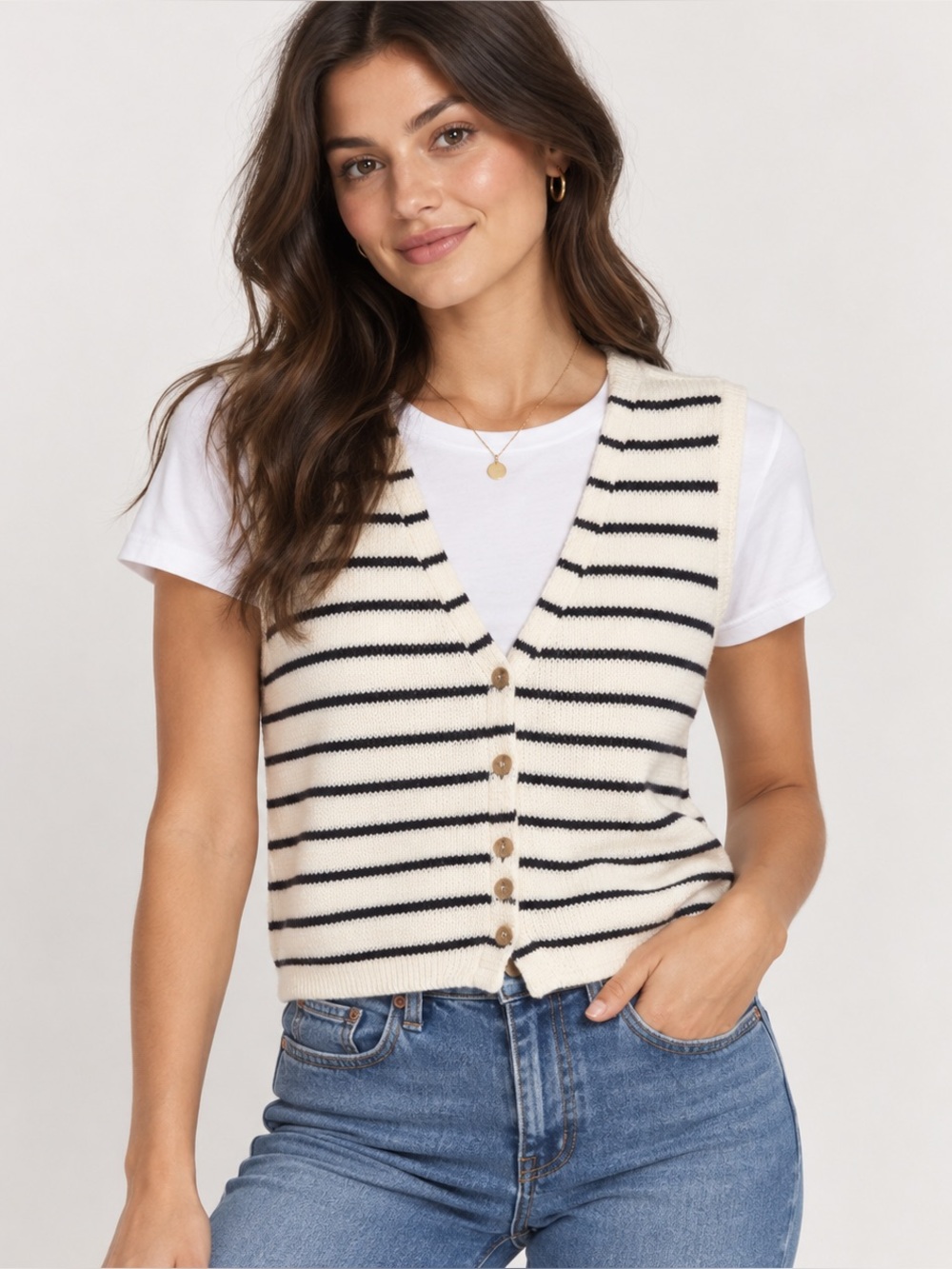 Sincerely Jules Sleeveless V-Neck Striped Knit Button-Front Top Cream/Black